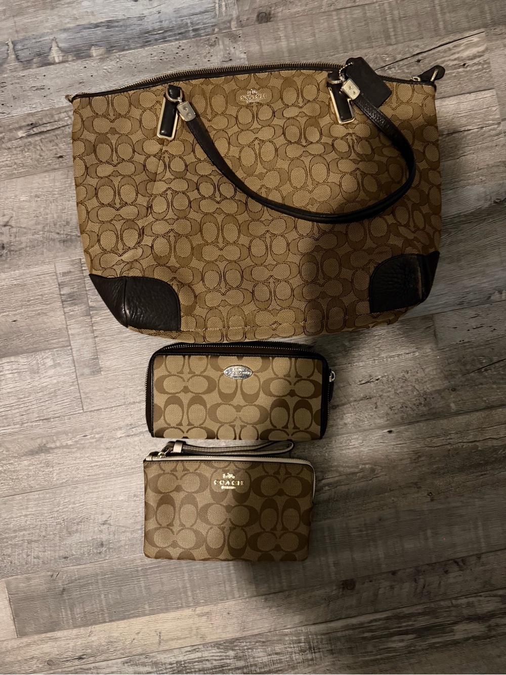 Coach Tan/Khaki Signature Tote with Dark Brown Trim and Matching Pouches
